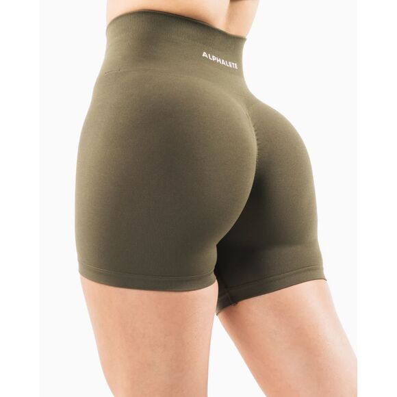 ALPHALETE Amplify Short 4.5" Oak Women's Seamless Scrunch Short Olive Green - Picture 1 of 4